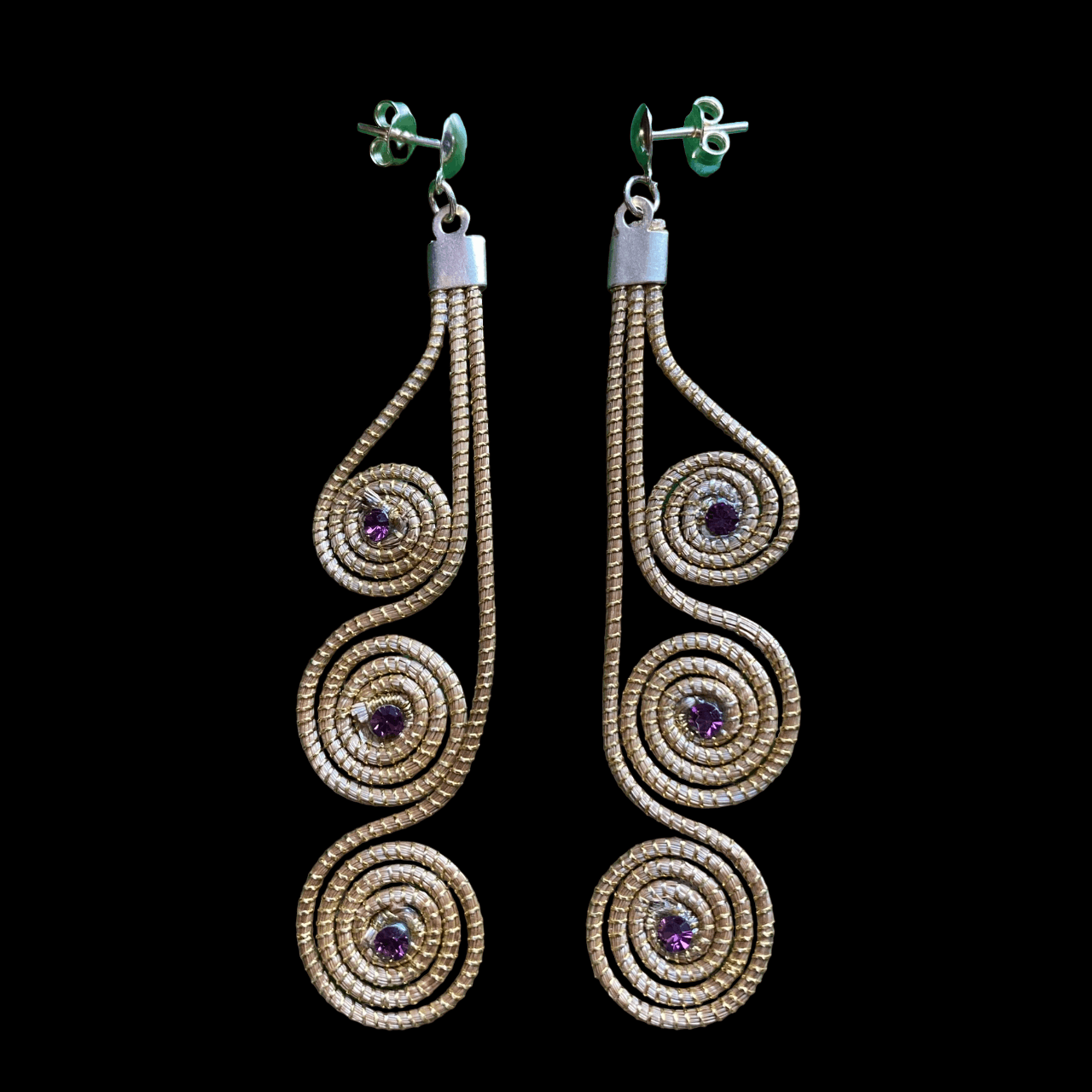 Boucles d'oreilles Capim Dourado 3 mandalas cristal améthyste alignés