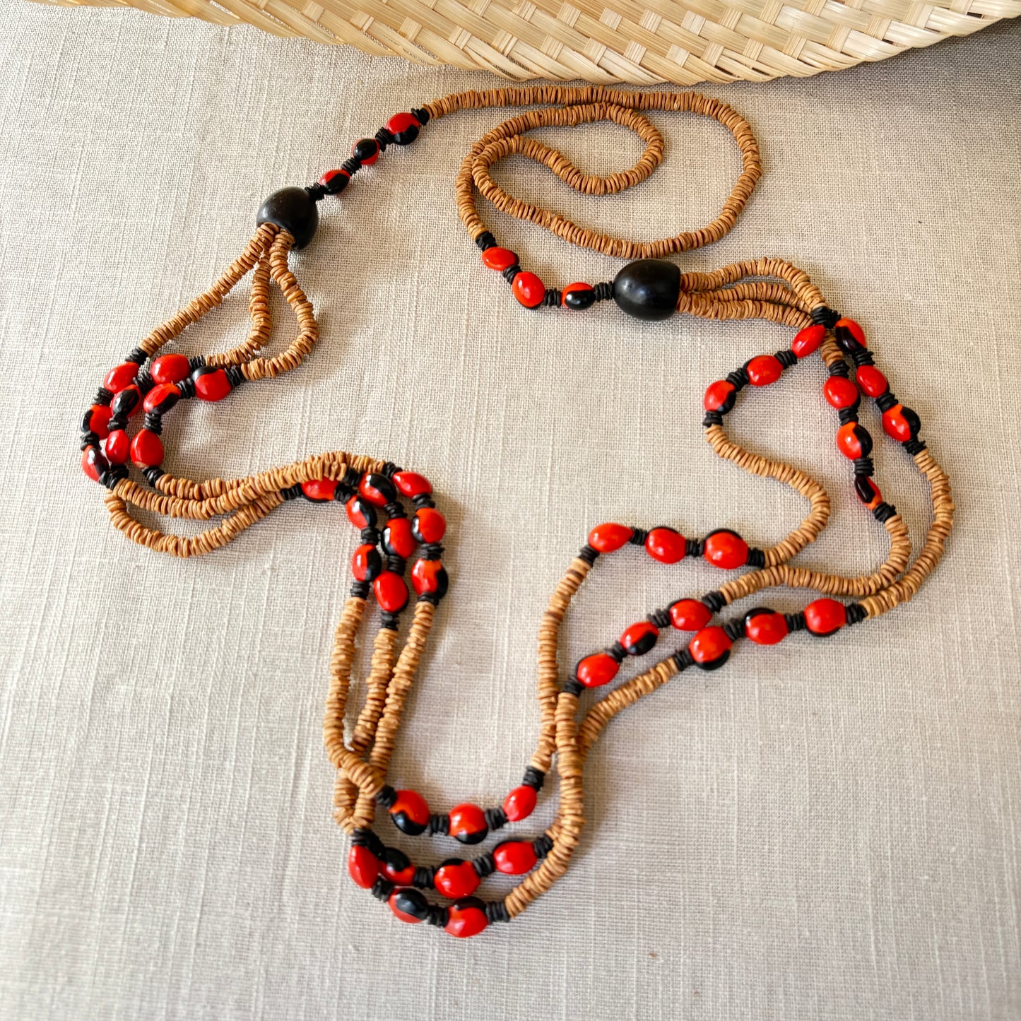 Collier de graines de morototo naturel, tento rouge et noir et coco - Ethnie Wai Wai