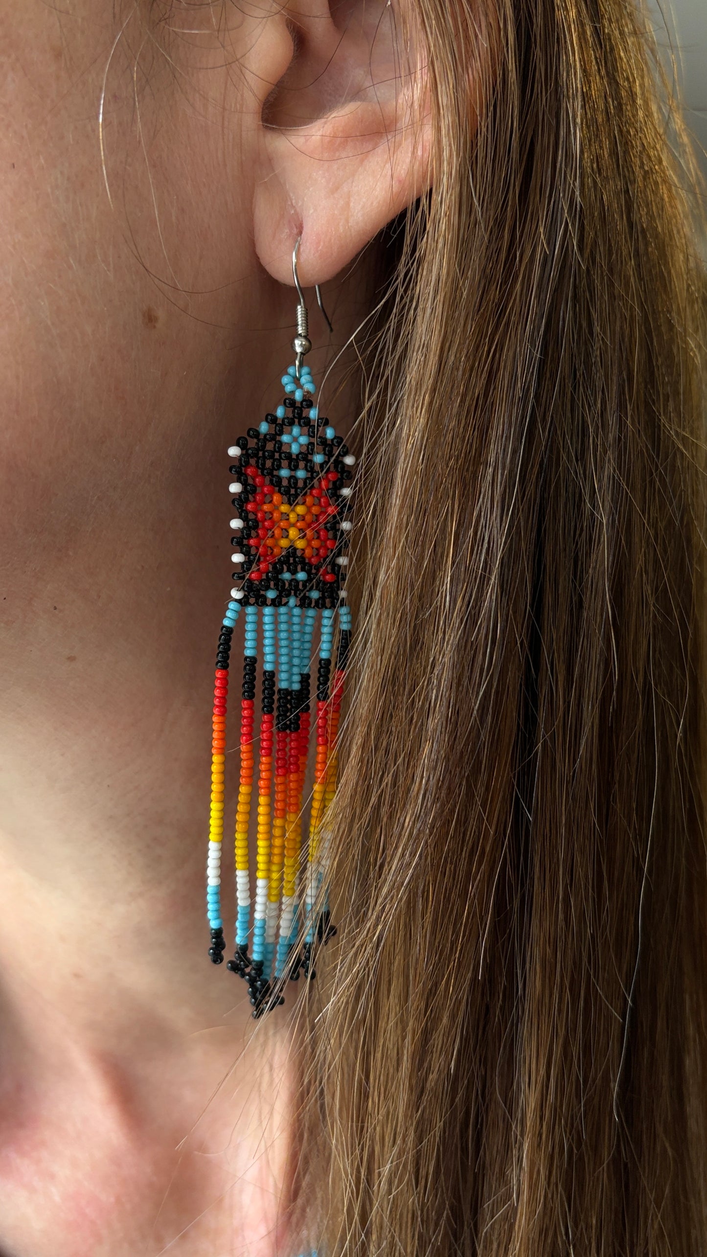 Boucles d'oreilles Miçanga - bleu croix rouge et jaune - Ethnie Wai Wai
