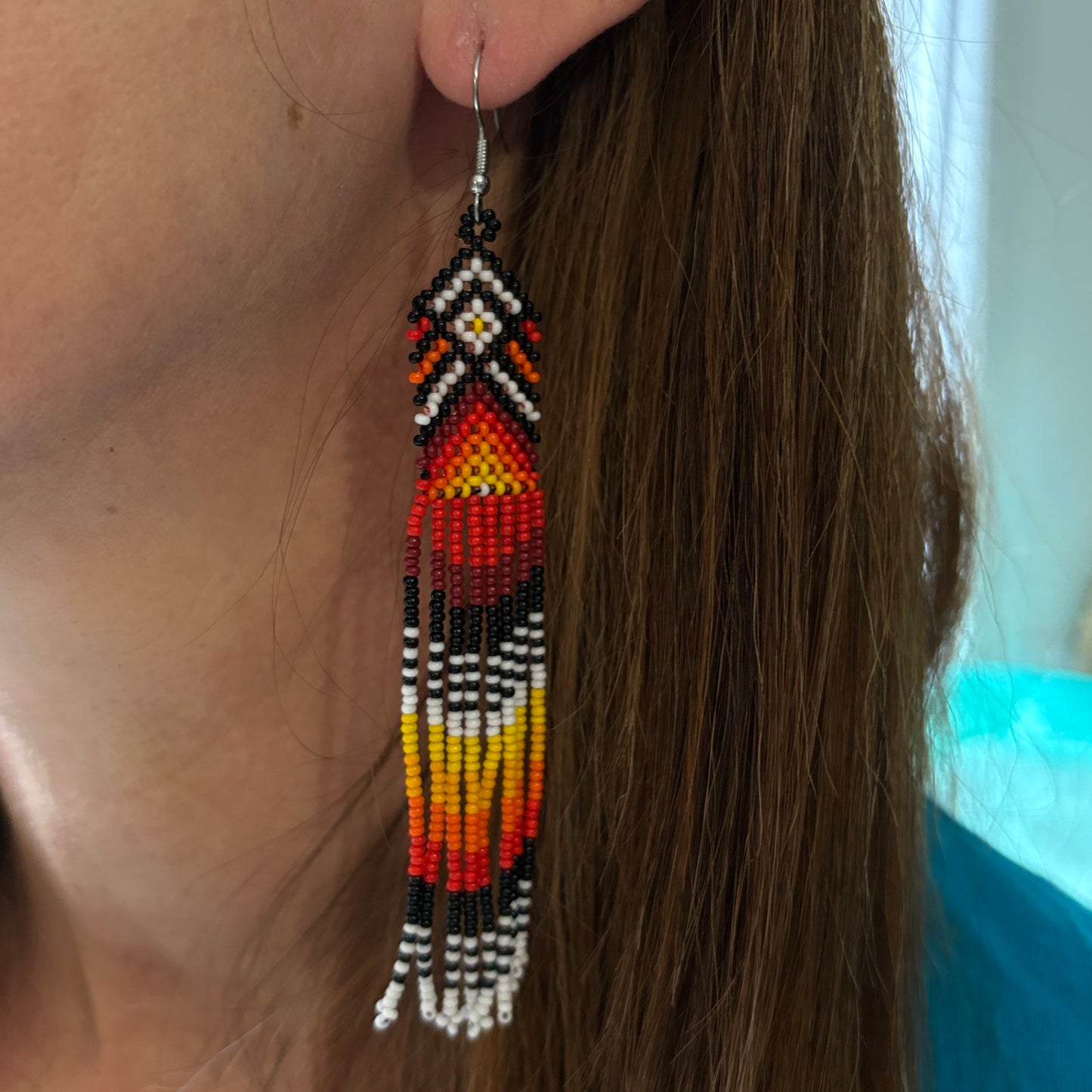Boucles d'oreilles Miçanga - noir rouge et jaune losange blanc - Ethnie Wai Wai