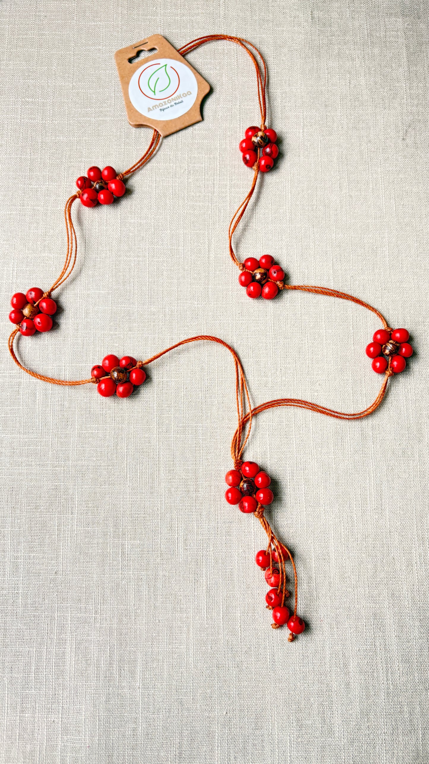 Collier de graines d'açai rouges 7 fleurs - Ethnie Borari