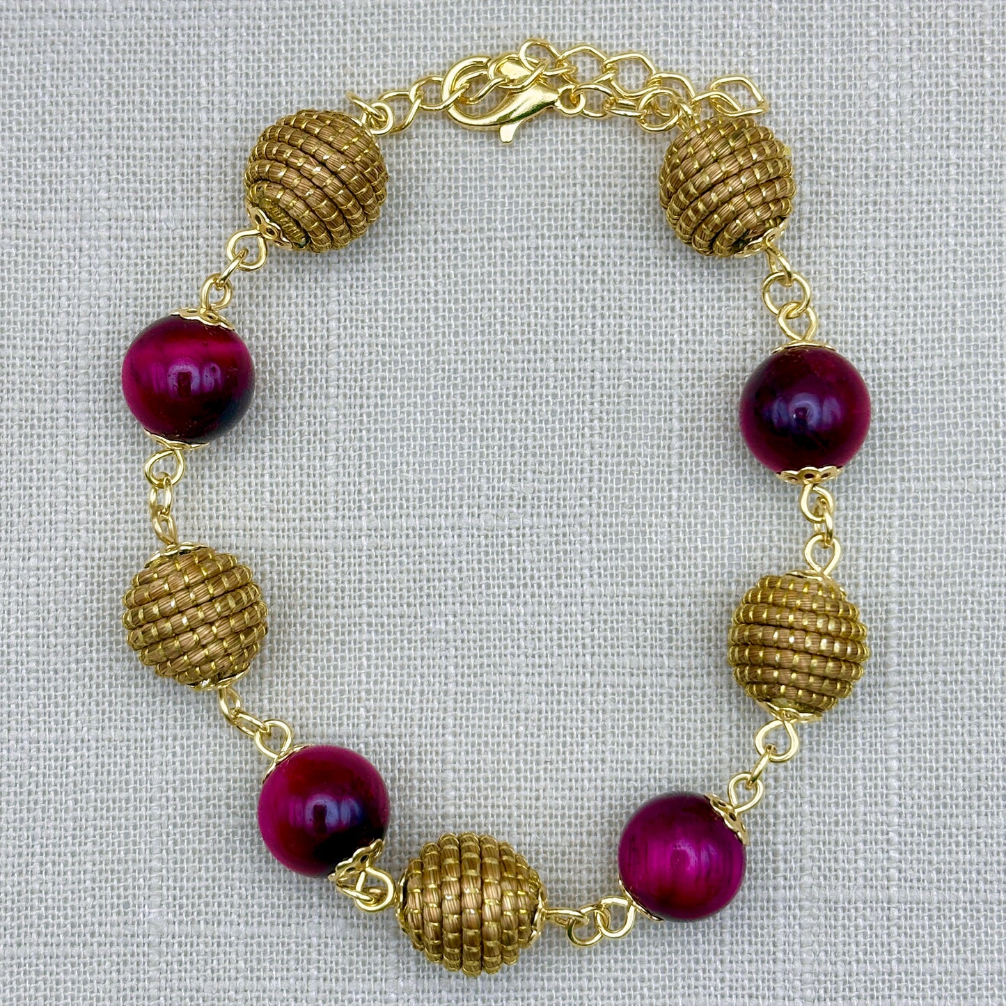 Bracelet Capim Dourado - boules et pierres naturelles Oeil de Tigre Rubis