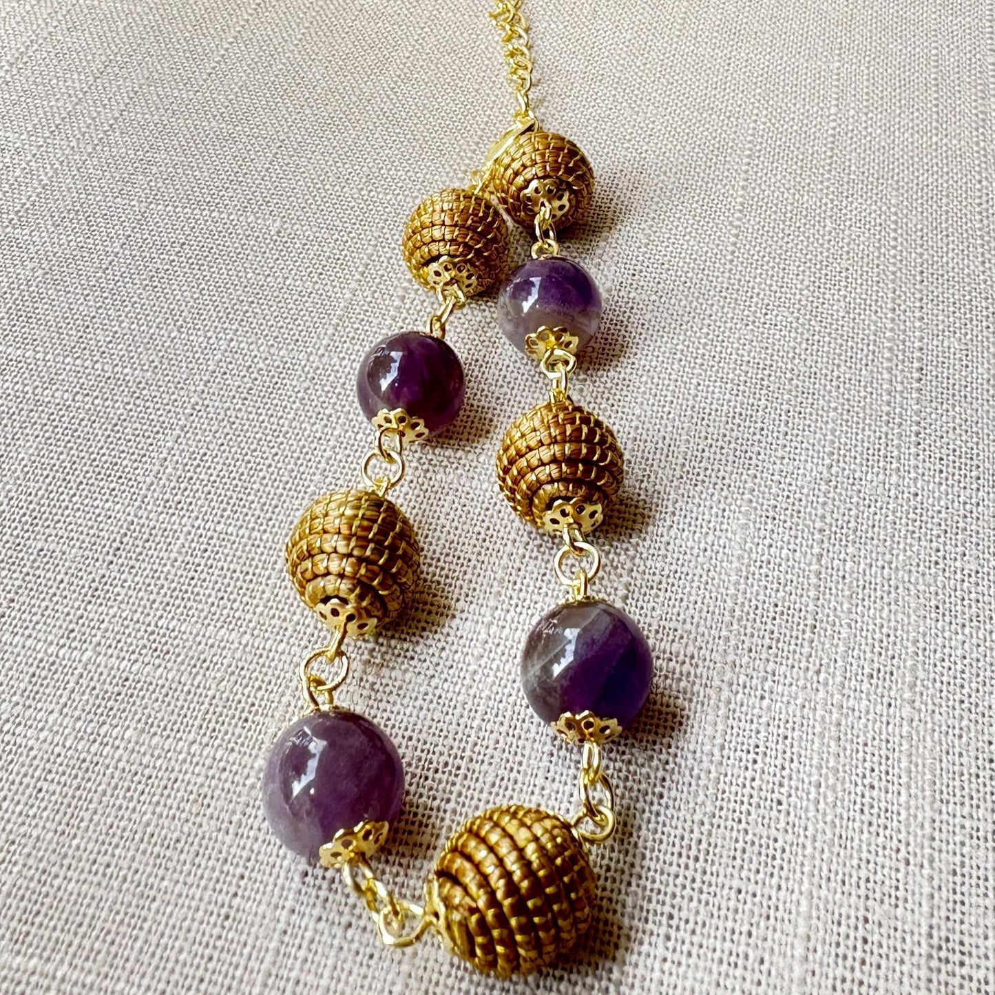 Bracelet Capim Dourado - boules et pierres naturelles Améthyste
