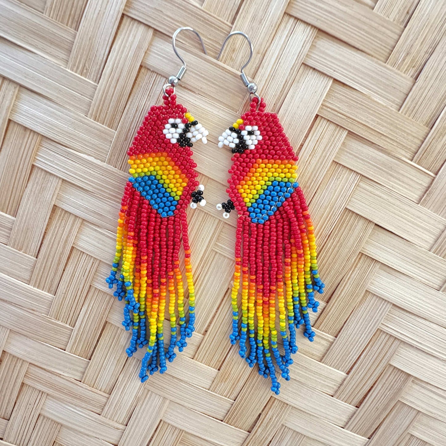 Boucles d'oreilles en perles de verre (Miçanga) - Ara rouge - Ethnie Borari