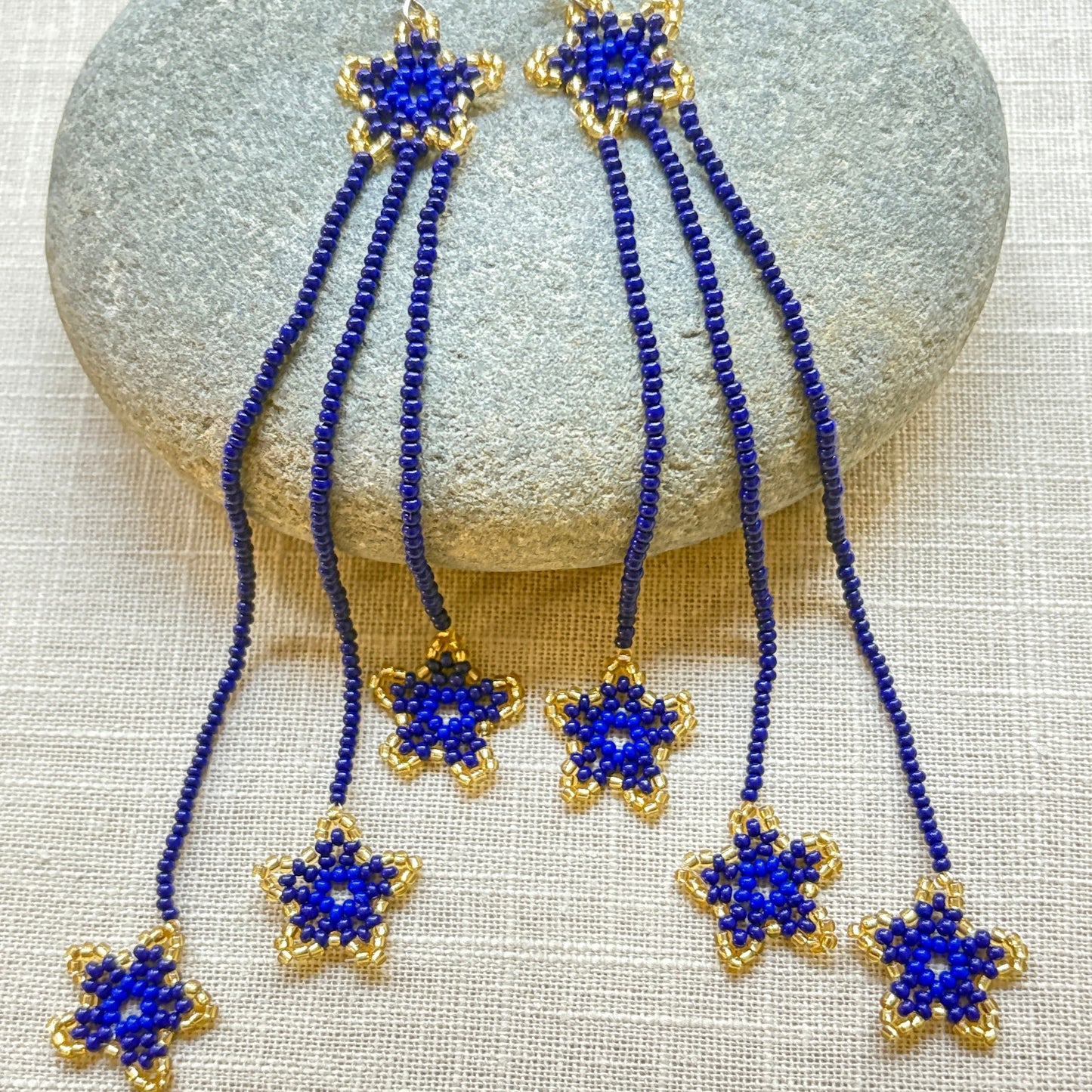 Boucles d'oreilles en perles de verre (Miçanga) - Etoiles bleu et doré - Ethnie Borari