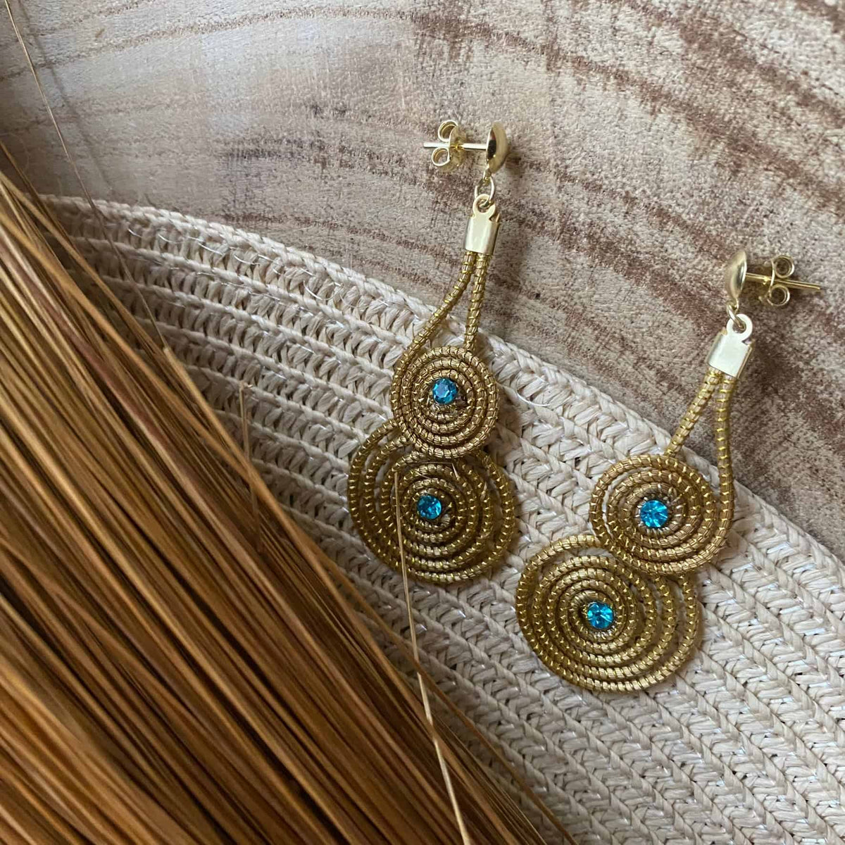 Brincos Capim Dourado 2 mandalas cristal turquesa sobrepostos