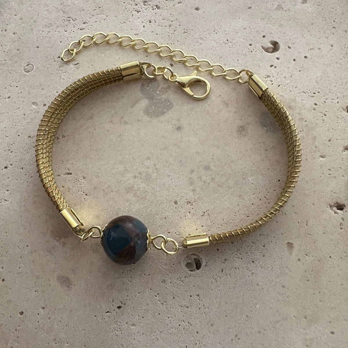 Pulseira Capim Dourado - pedra natural Ágata blue lace