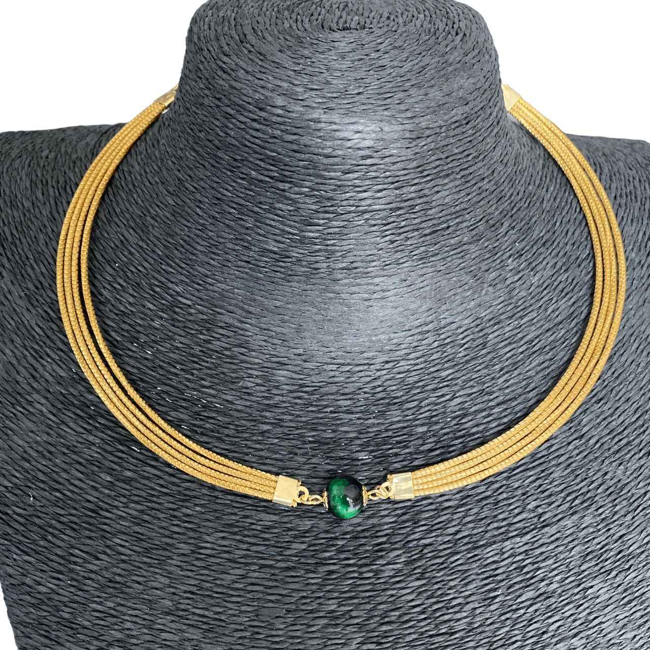 Collier Capim Dourado 4 lignes - pierre naturelle oeil de tigre vert