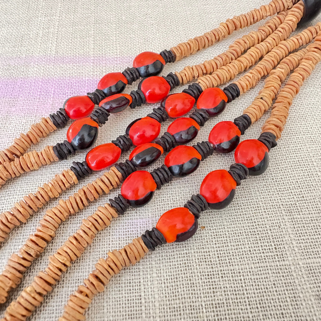 Collier de graines de morototo naturel, tento rouge et noix et coco