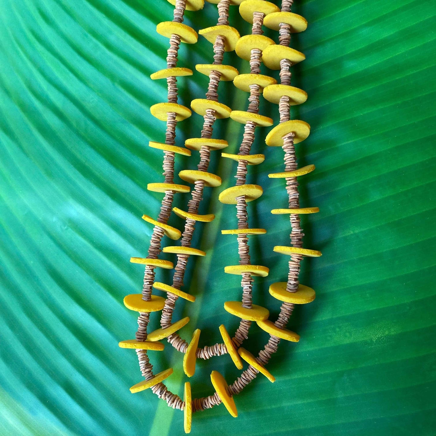 Colar de sementes de morototó naturais e látex amarelo