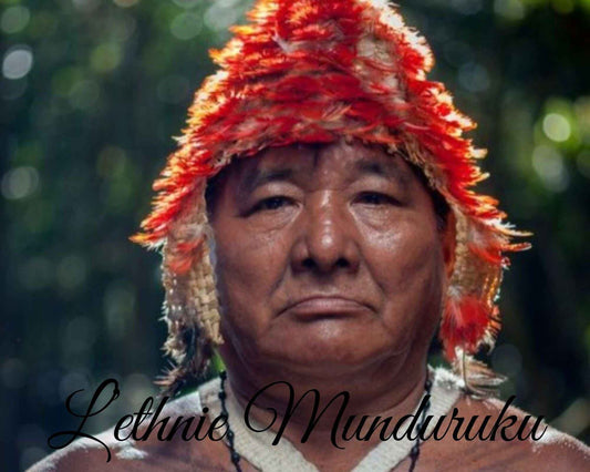 Portrait d’une personne portant une coiffe de plumes rouges