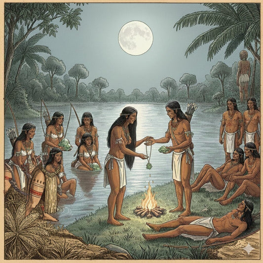 Illustration d’une scène d’échange au bord de l’eau sous la pleine lune