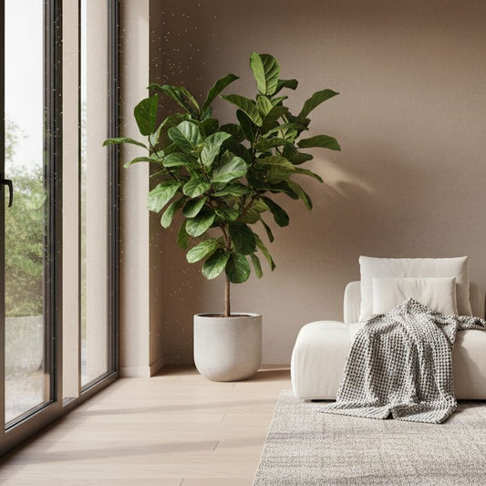 Plante verte en pot près d’un fauteuil et d’une fenêtre
