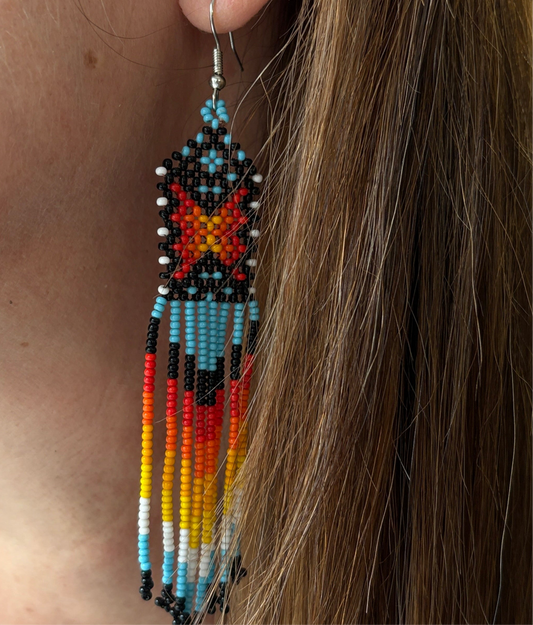 Boucles d'oreilles en perles de verre (miçanga) - bleu croix rouge et jaune - Ethnie Wai Wai