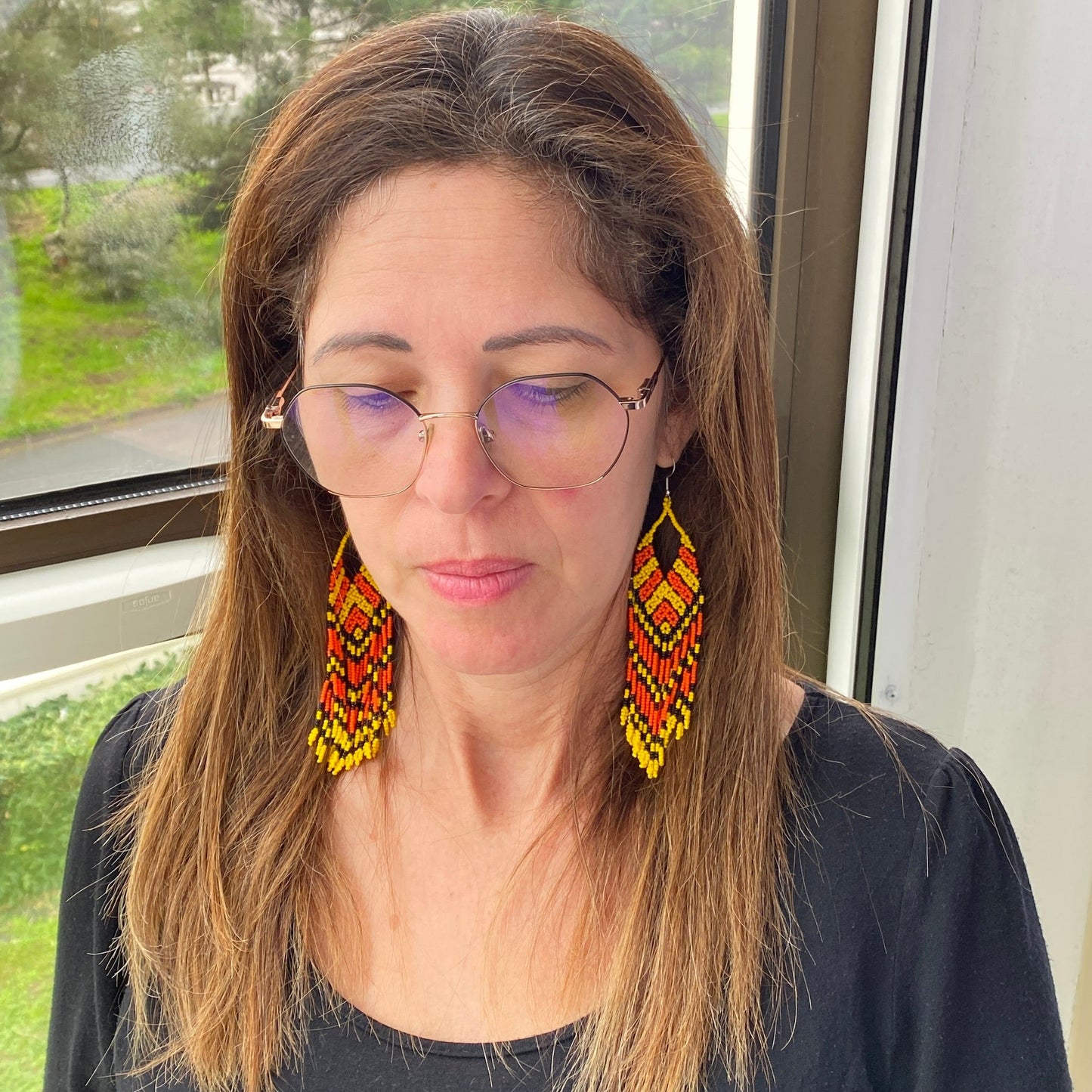 Boucles d'oreilles Miçanga - orange, jaune et noir - Ethnie Kayapo