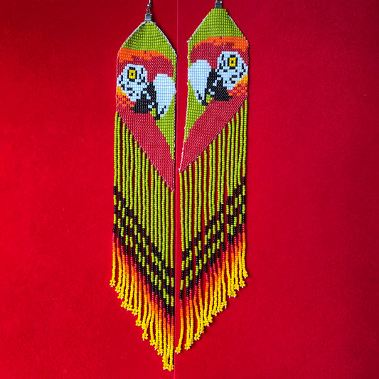 Boucles d'oreilles miçanga - ara rouge- vert - Ethnie Tapirapé