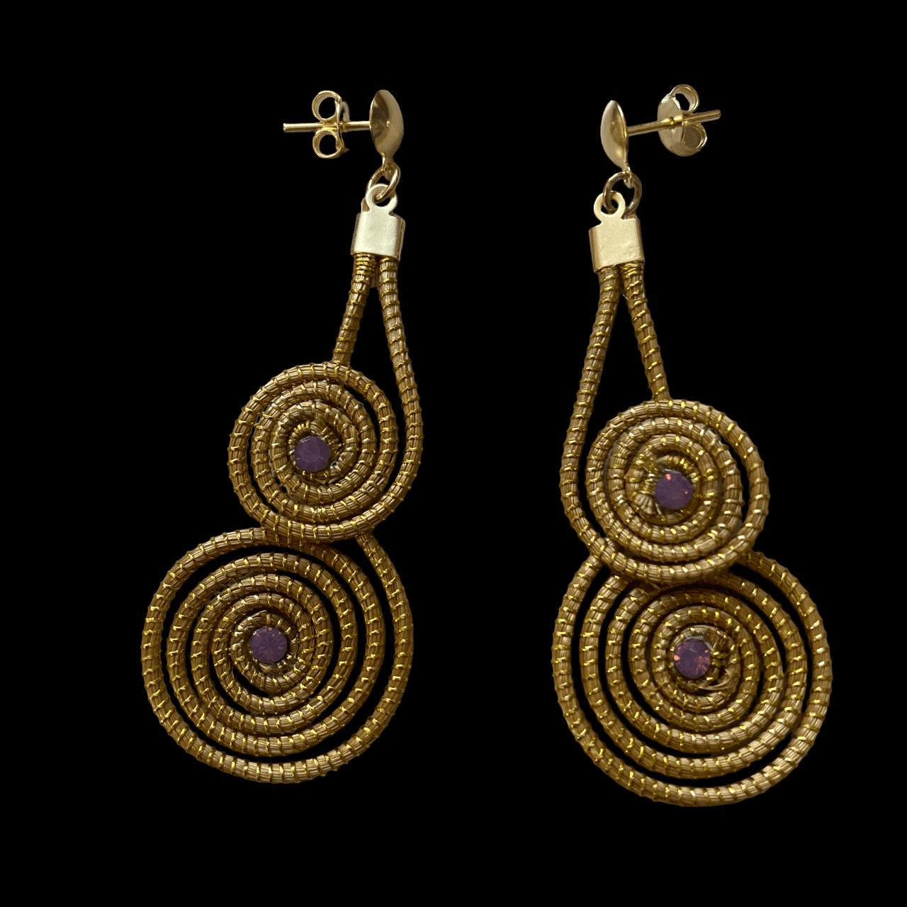 Boucles d'oreilles Capim Dourado 2 mandalas cristal couleur opale améthyste superposés