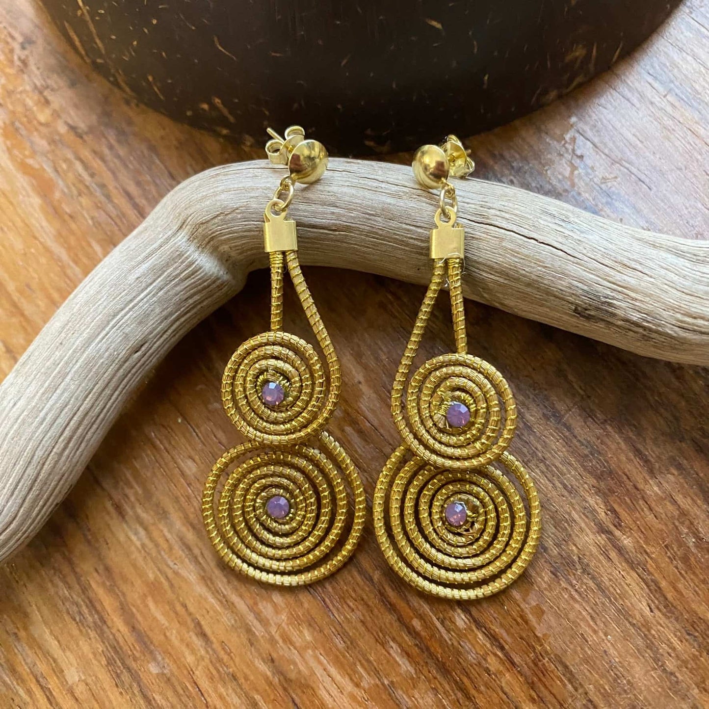 Boucles d'oreilles Capim Dourado 2 mandalas cristal couleur opale améthyste superposés