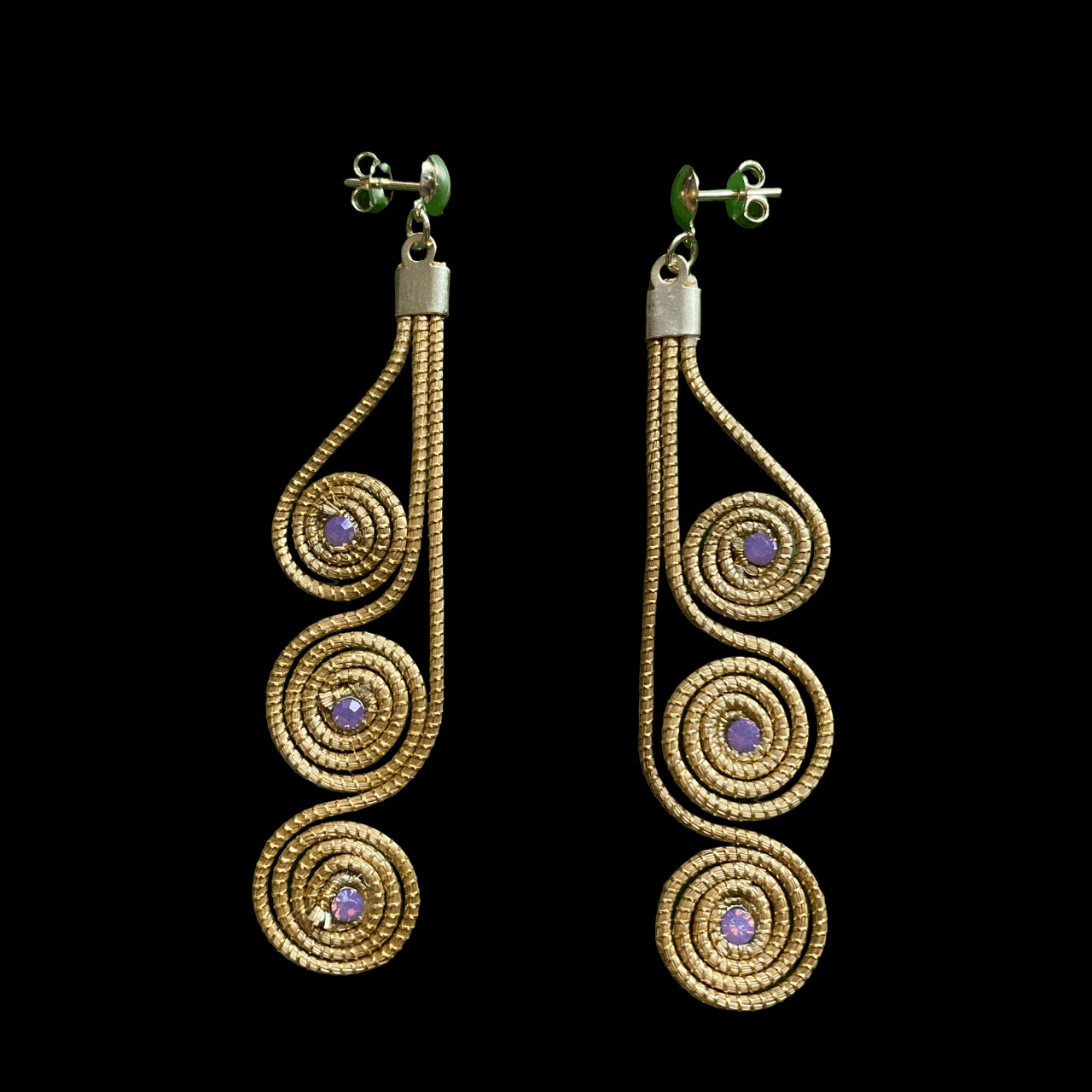 Boucles d'oreilles Capim Dourado 3 mandalas cristal couleur opale améthyste alignés