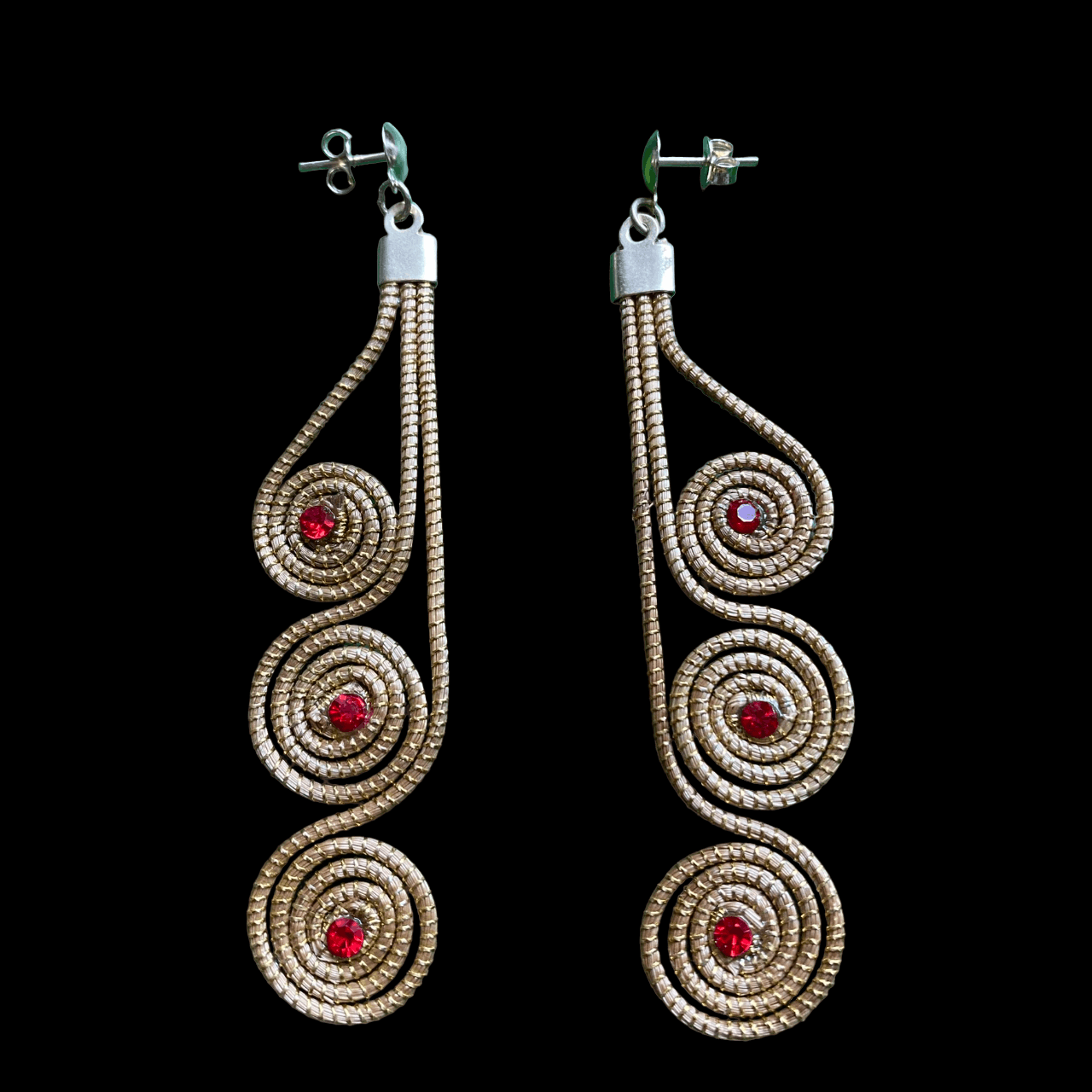 Boucles d'oreilles Capim Dourado 3 mandalas cristal couleur rubis alignés