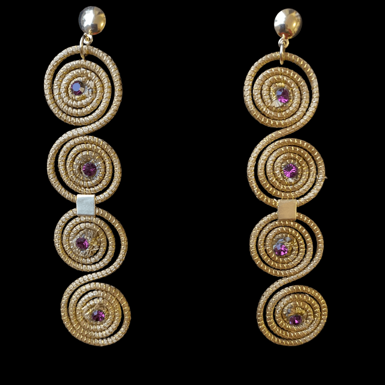 Boucles d'oreilles Capim Dourado 4 mandalas cristal couleur améthyste alignés