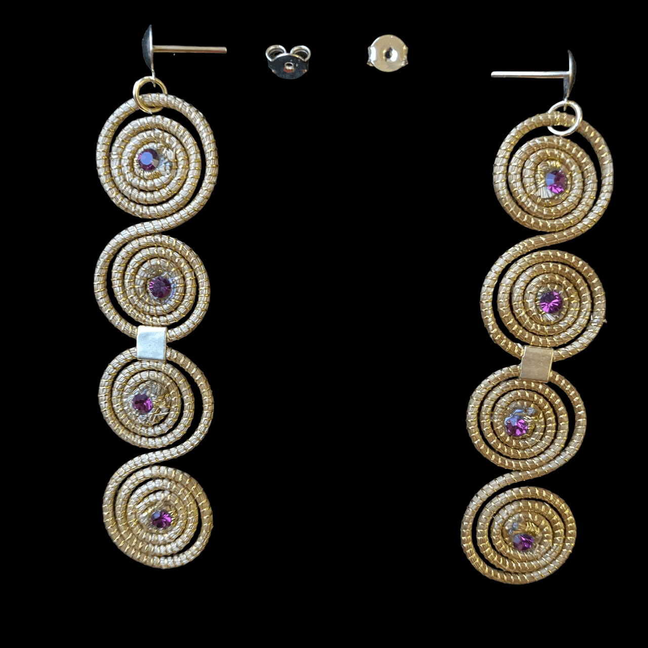 Boucles d'oreilles Capim Dourado 4 mandalas cristal couleur améthyste alignés