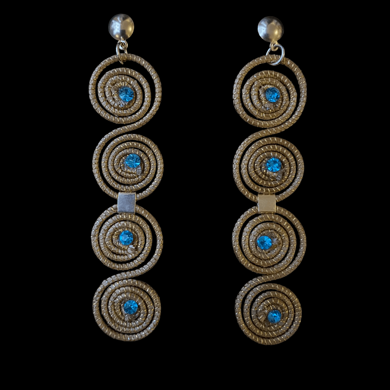 Boucles d'oreilles Capim Dourado 4 mandalas cristal couleur bleu alignés