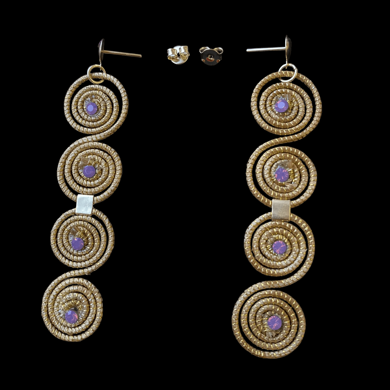 Boucles d'oreilles Capim Dourado 4 mandalas cristal couleur opale améthyste alignés