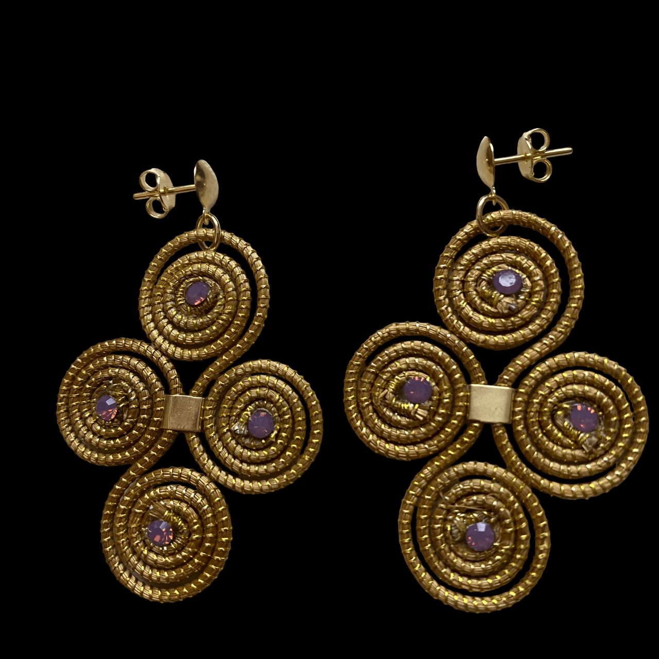 Boucles d'oreilles Capim Dourado 4 mandalas cristal couleur opale améthyste en croix