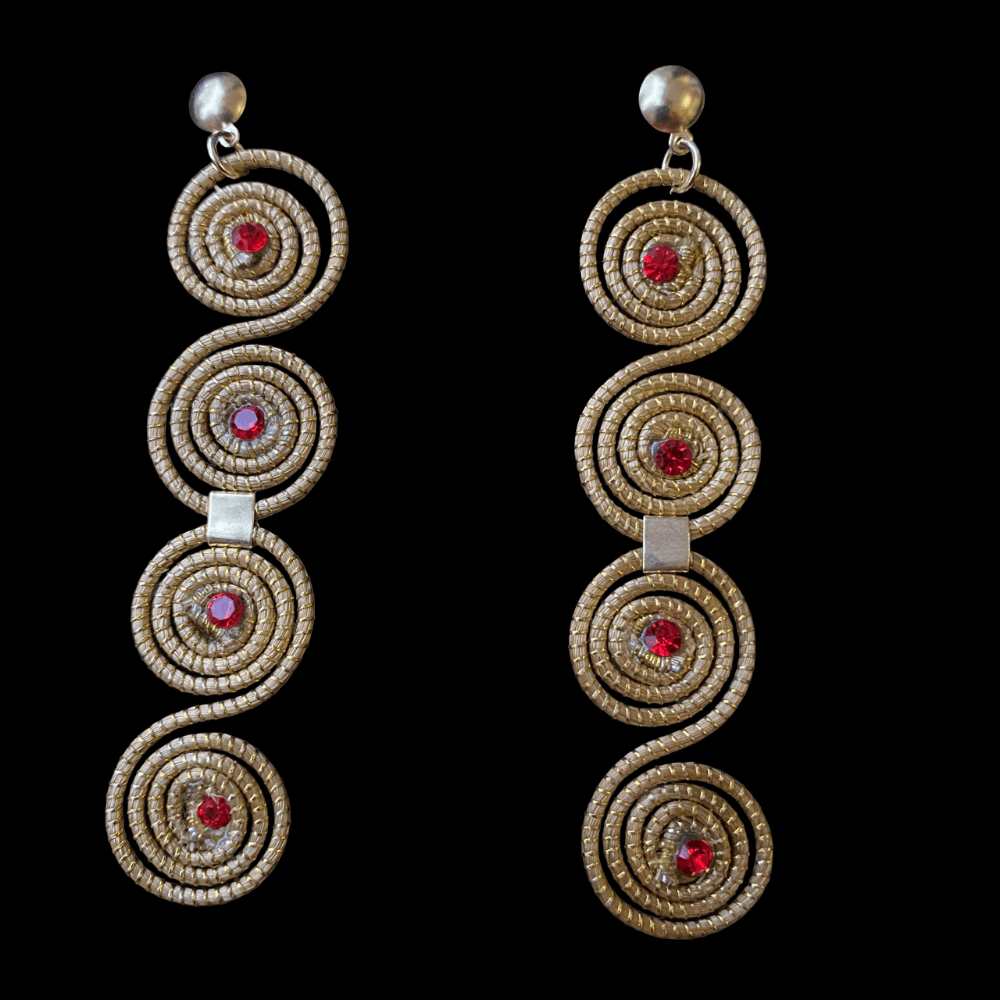 Boucles d'oreilles Capim Dourado 4 mandalas cristal couleur rubis alignés