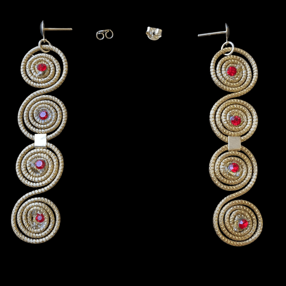 Boucles d'oreilles Capim Dourado 4 mandalas cristal couleur rubis alignés