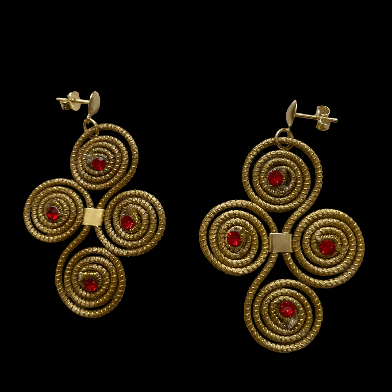 Boucles d'oreilles Capim Dourado 4 mandalas cristal couleur rubis en croix