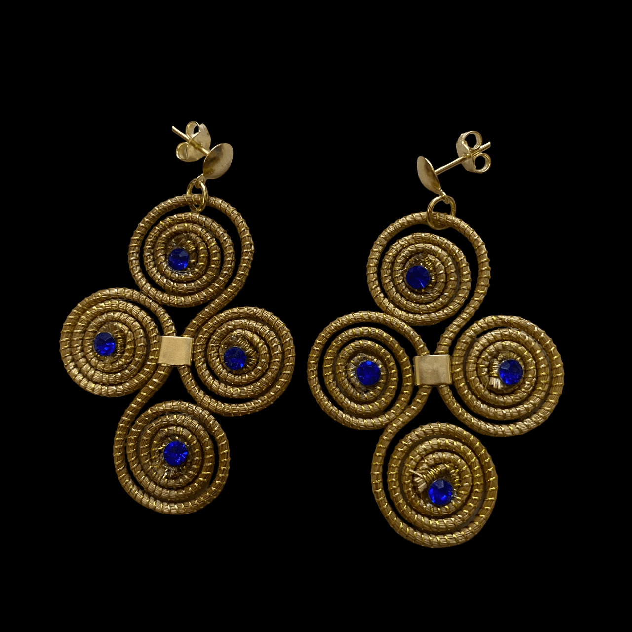 Boucles d'oreilles Capim Dourado 4 mandalas cristal couleur saphir en croix