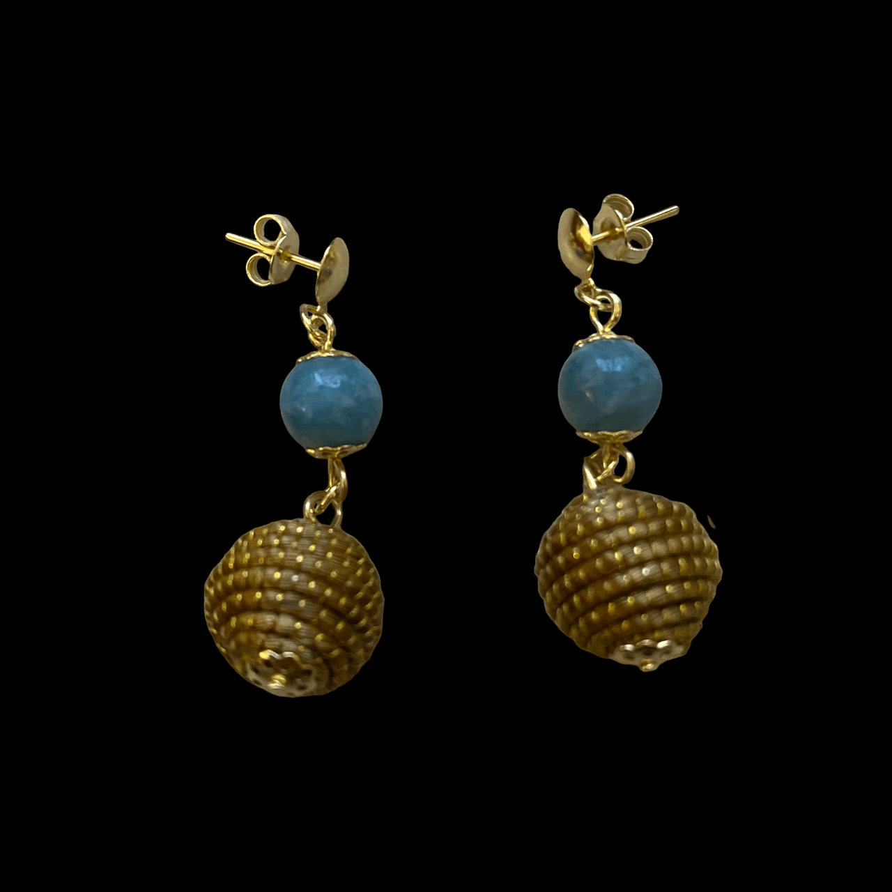 Boucles d'oreilles Capim Dourado boule et pierre naturelle amazonite bleue