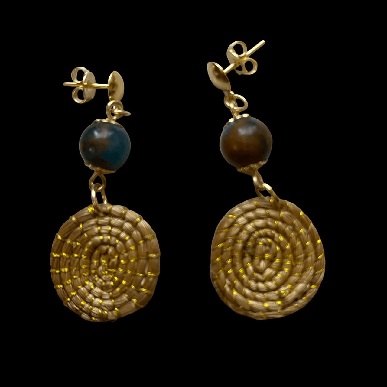 Boucles d'oreilles Capim Dourado mandala et pierre naturelle agate blue lace