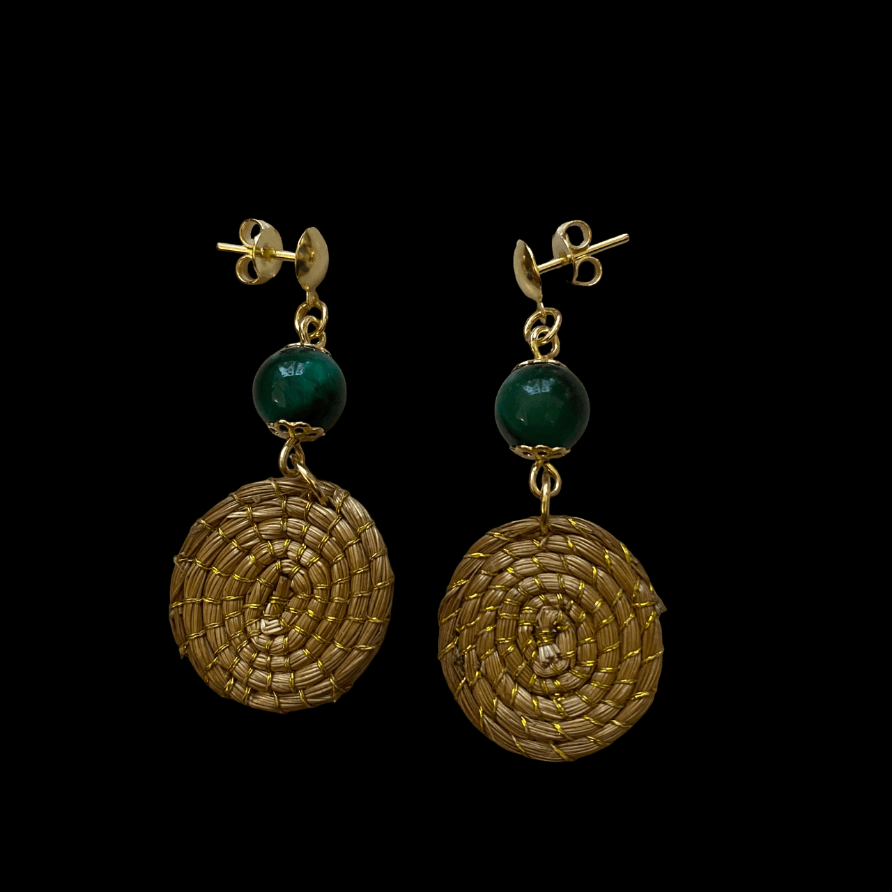 Boucles d'oreilles Capim Dourado mandala et pierre naturelle oeil de tigre vert