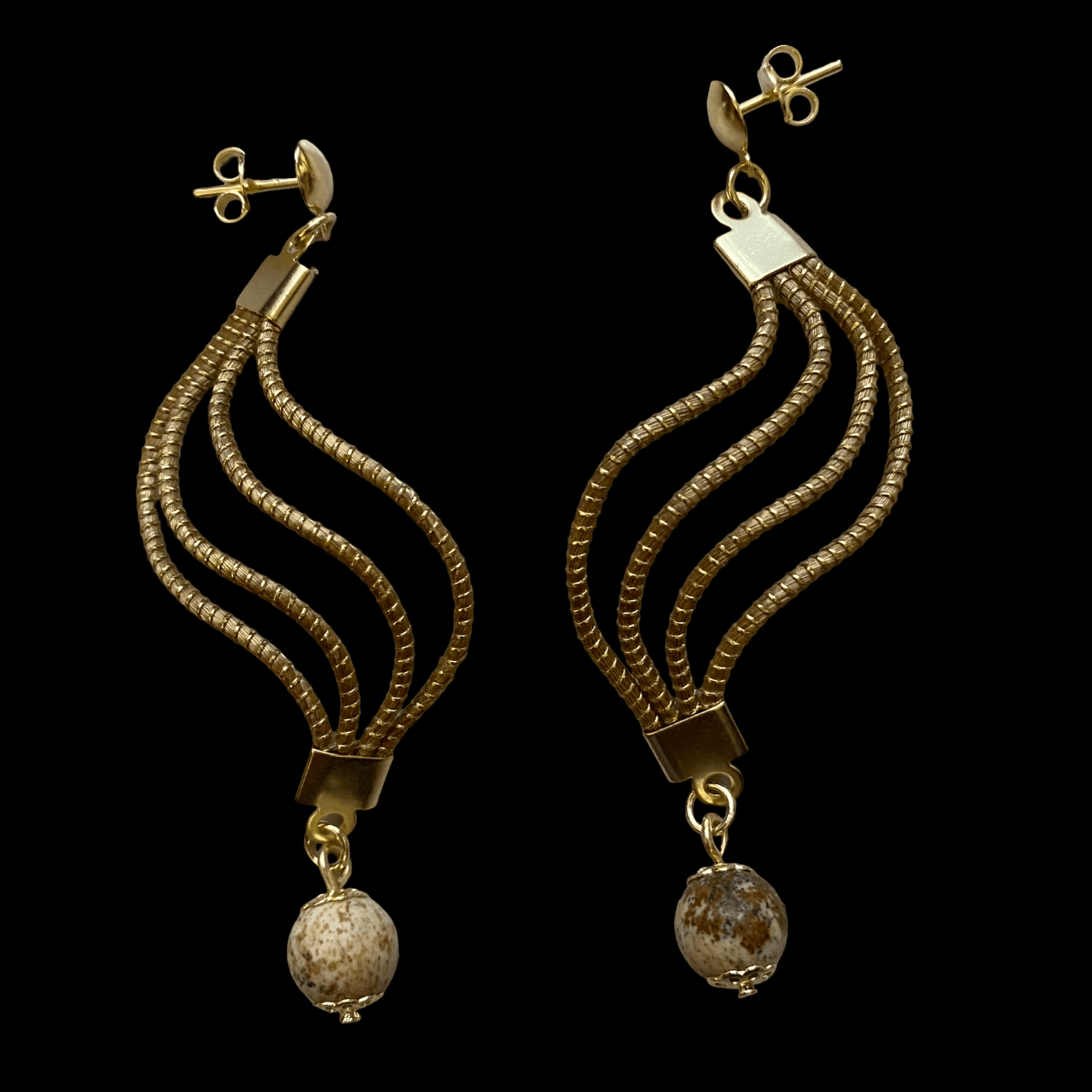 Boucles d'oreilles Capim Dourado vague et pierre naturelle jaspe bois