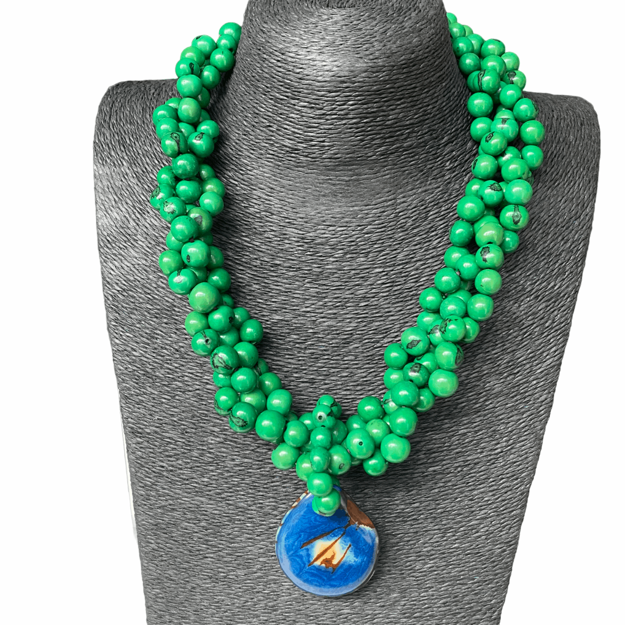 Collier Açai vert feuille et pendentif Jarina bleu