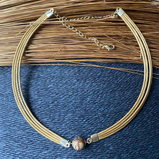 Collier Capim Dourado 4 lignes - pierre jaspe bois