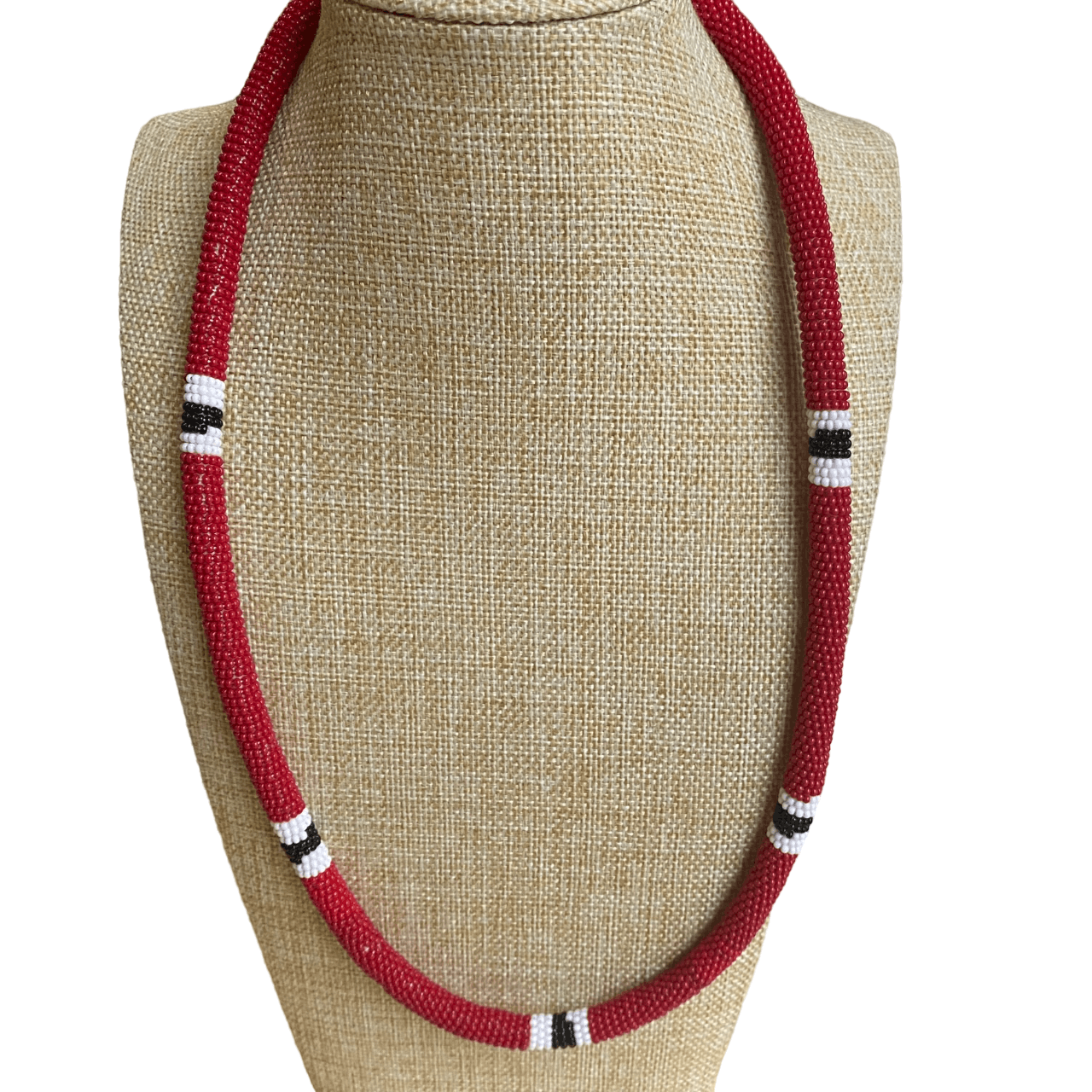 Collier Miçanga - serpent corail rouge bordeaux - blanc noir blanc - long - Ethnie Mehinako