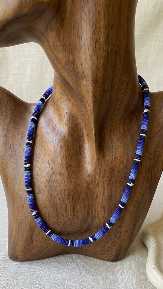 Collar de coral con cuentas de vidrio (miçanga) - Azul y blanco - Etnia Borari