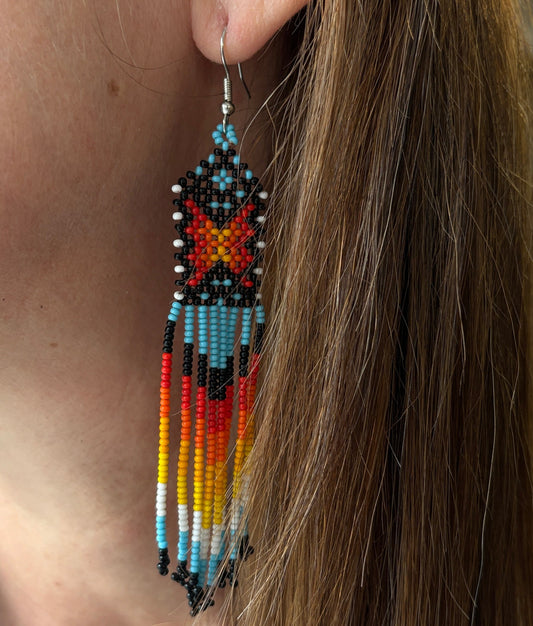 Boucles d'oreilles en perles de verre (miçanga) - bleu croix rouge et jaune - Ethnie Wai Wai