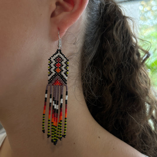Boucles d'oreilles en perles de verre (miçanga) -  multicolores 3 croix - Ethnie Wai Wai