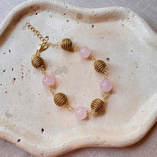 Bracelet Capim Dourado - boules et pierres naturelles Quartz rose
