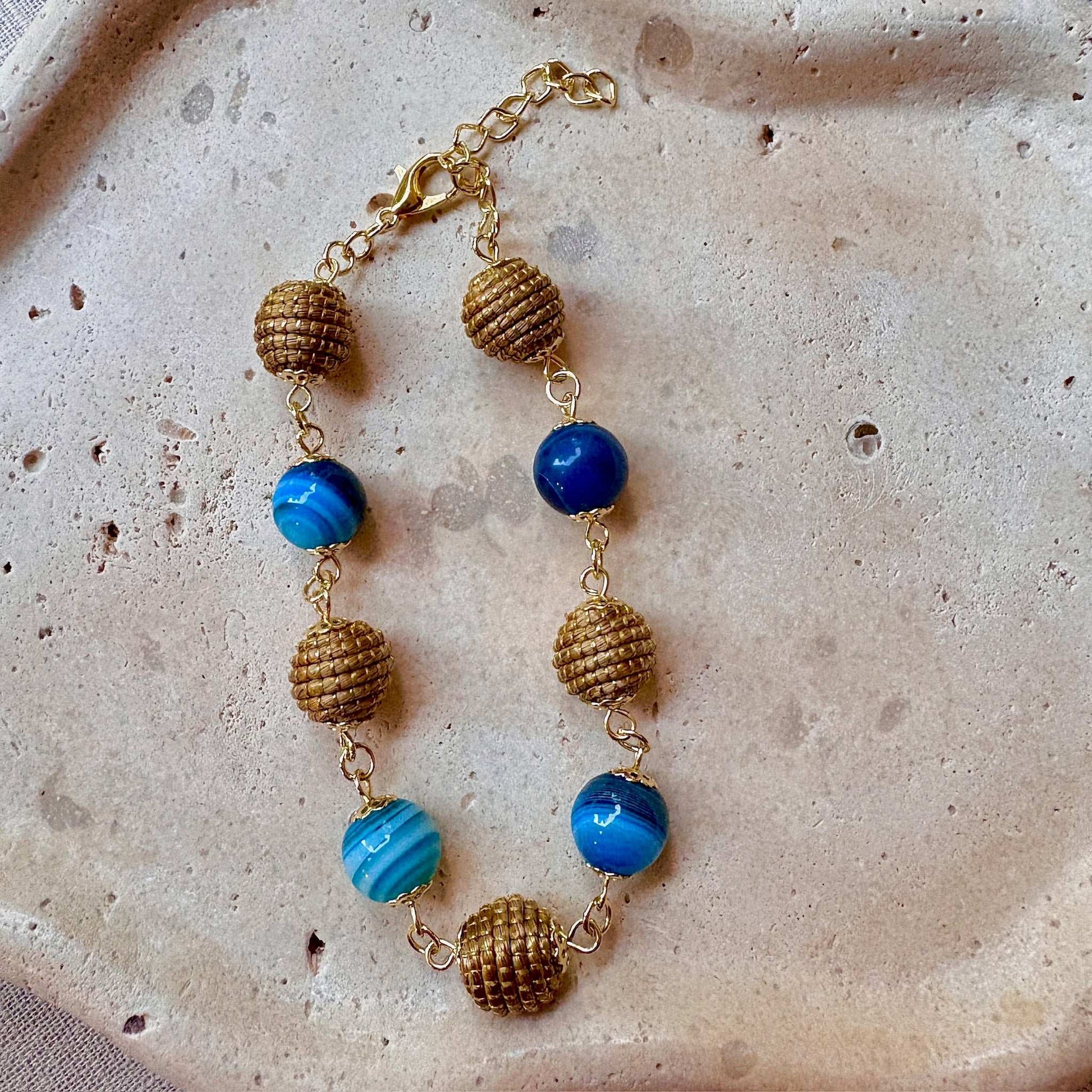 Bracelet Capim Dourado - boules et pierres naturelles Agate bleue