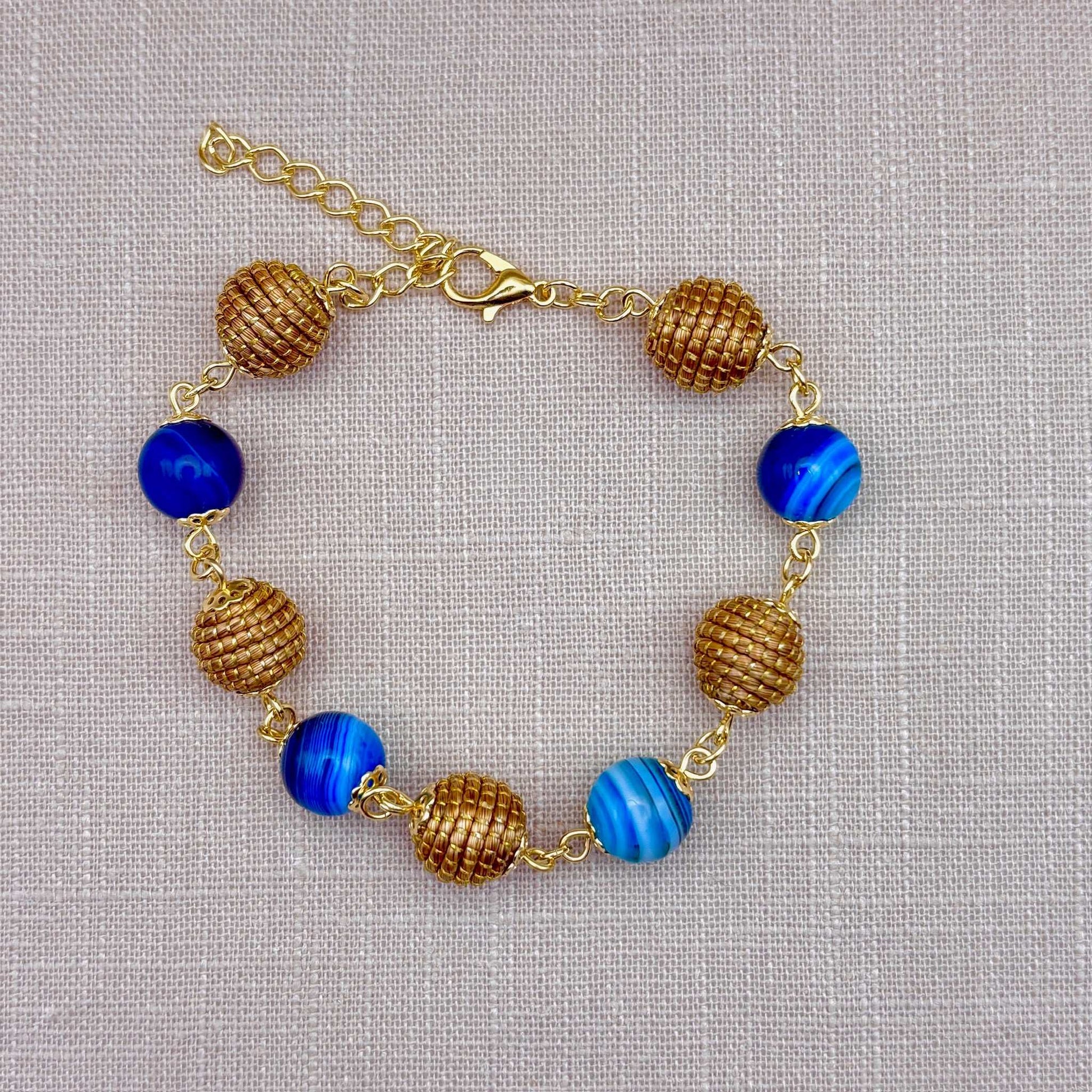 Bracelet Capim Dourado - boules et pierres naturelles Agate bleue
