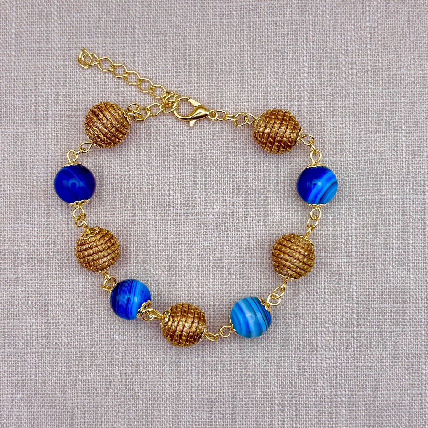 Bracelet Capim Dourado - boules et pierres naturelles Agate bleue