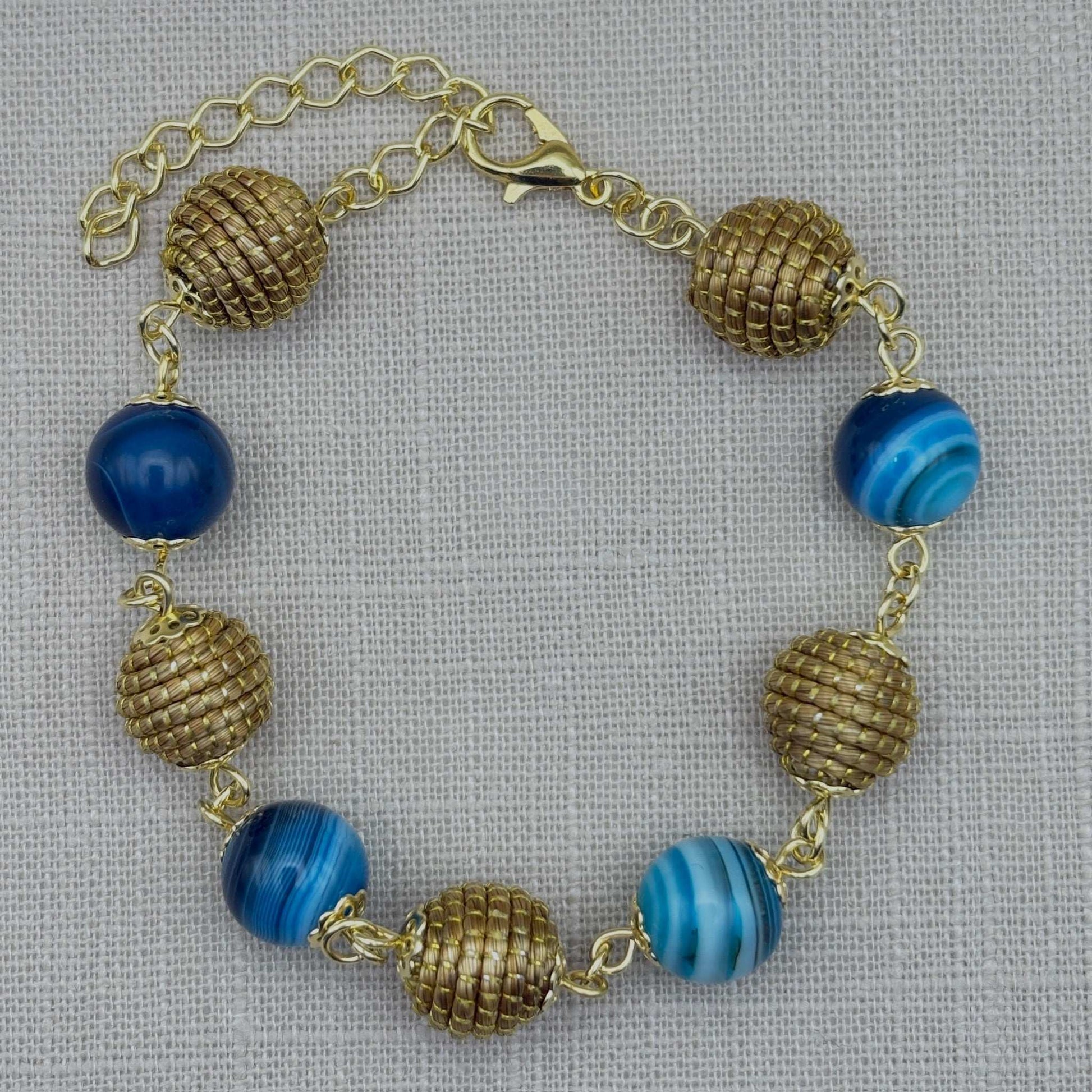 Bracelet Capim Dourado - boules et pierres naturelles Agate bleue