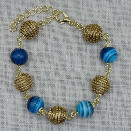 Bracelet Capim Dourado - boules et pierres naturelles Agate bleue
