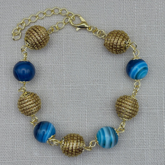 Bracelet Capim Dourado - boules et pierres naturelles Agate bleue